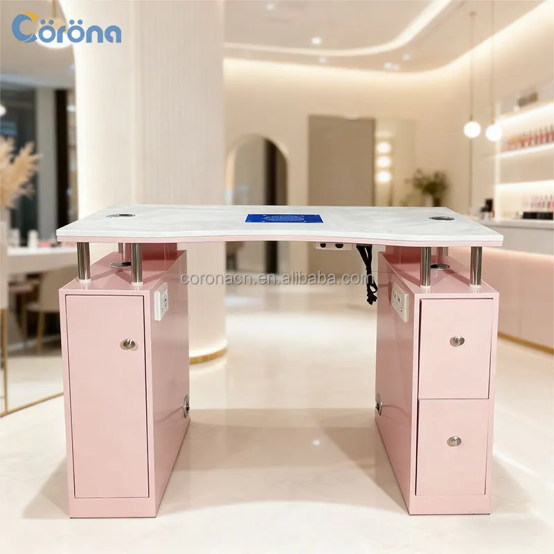 Modern Luxury Beauty Salon Manicure Furniture Wood Pink Nail Table