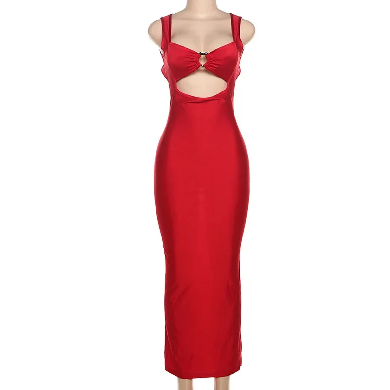 Women Red Hollow Out Bodycon Maxi Party Dress Sexy Strapless Sleeveless Metal Ring Backless Slim Birthday Outfits Clubwear Robe