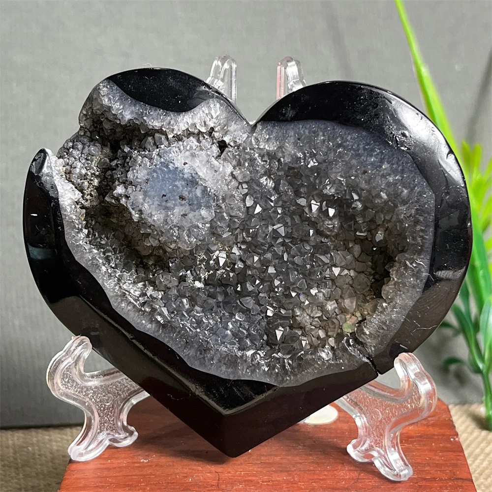 Crystal Natural Black Agate Cluster Heart Specimen Reiki Gemstone Rainbow Healing Minerals Witchcraft Home Decoration+Stand