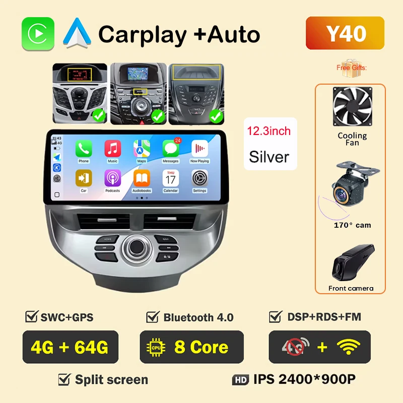 12.3 inch Car Radio For Ford Fiesta MK6 MK7 2009-2016 LHD RHD Android Multimedia Video Player GPS Wireless Carplay QLED Screen image 3