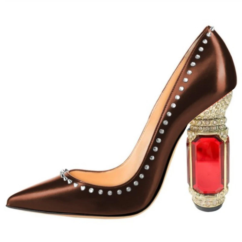 

SHOFOO Sexy women's high heels. Brown (orange) patent leather pointed shoes. About10.5cm heel height .Crystal heel shoes.34-46