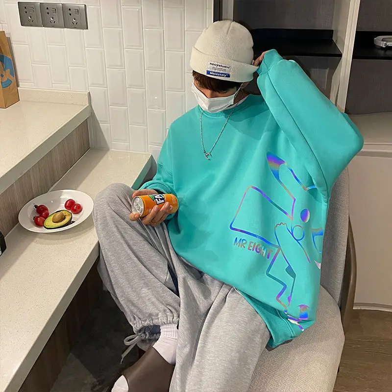 عاكس Crewneck هوديي الذكور أزياء Instagram طالب زوجين الربيع والخريف ملابس وسيم معطف كبير الحجم