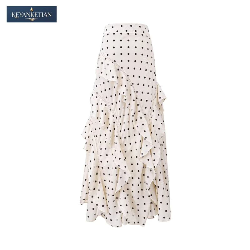 

KEYANKETIAN 2026 Romantic French Flowy Maxi Skirt High Waist Polka Dot Print, Tiered Ruffle Hem Chiffon Fabric A-line Skirt