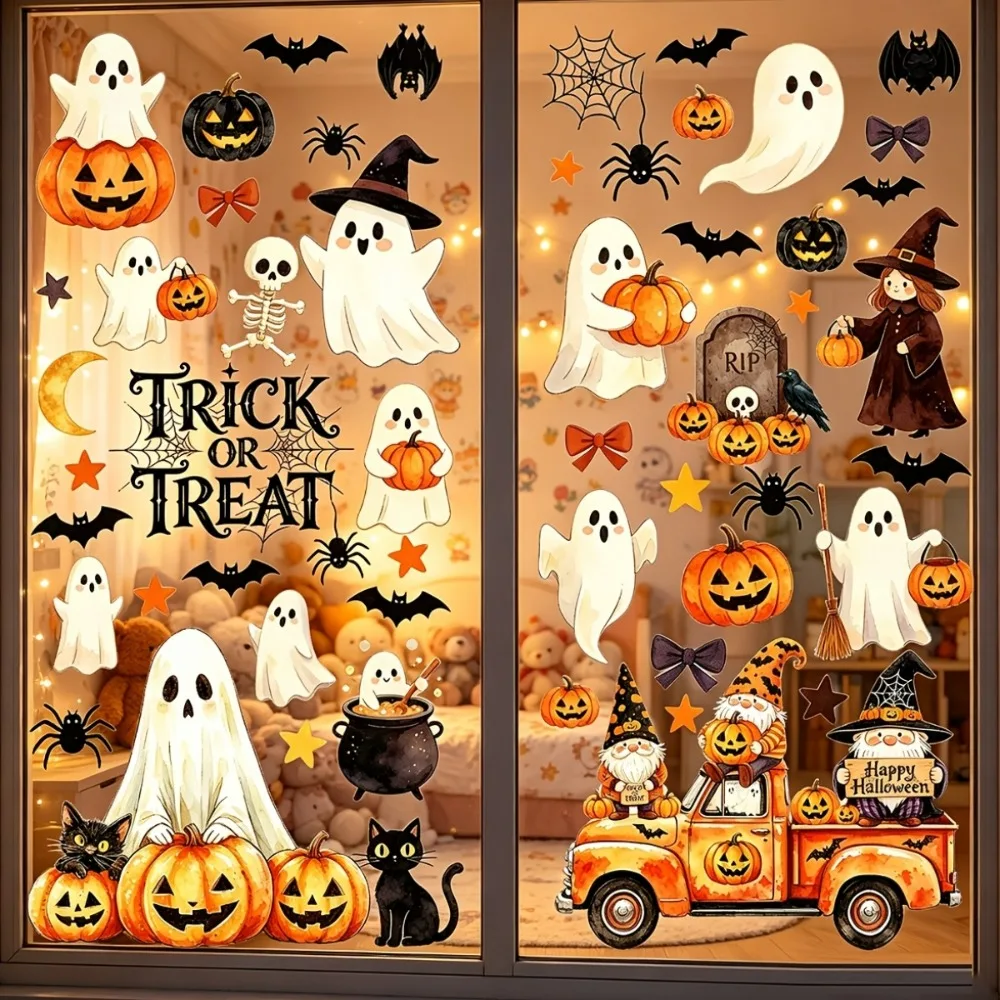 6 Blatt, 56 einzigartige Designs für Halloween, statische Fensterfolien, Aquarell-Motiv, Kürbis, Geist, Hexe, Gnom, LKW, schwarze Katze, Spinne – Detail 4