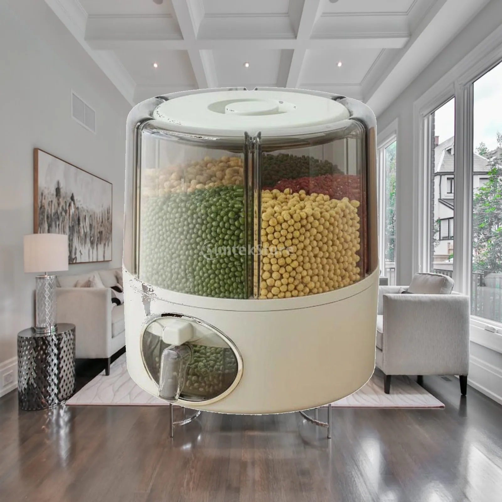 Space Saving Grain Dispenser with Rotating Base Multi Section Cereal Storage Bin for Kitchen Countertop Sealed Lid Waterproof