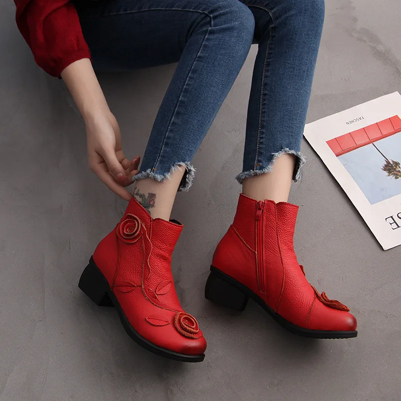 

Genuine Leather Martin Boots for Women Ethnic Style Handmade Flower Shoes Fashion Mature Autumn Winter Women Zipper Ankle Boots