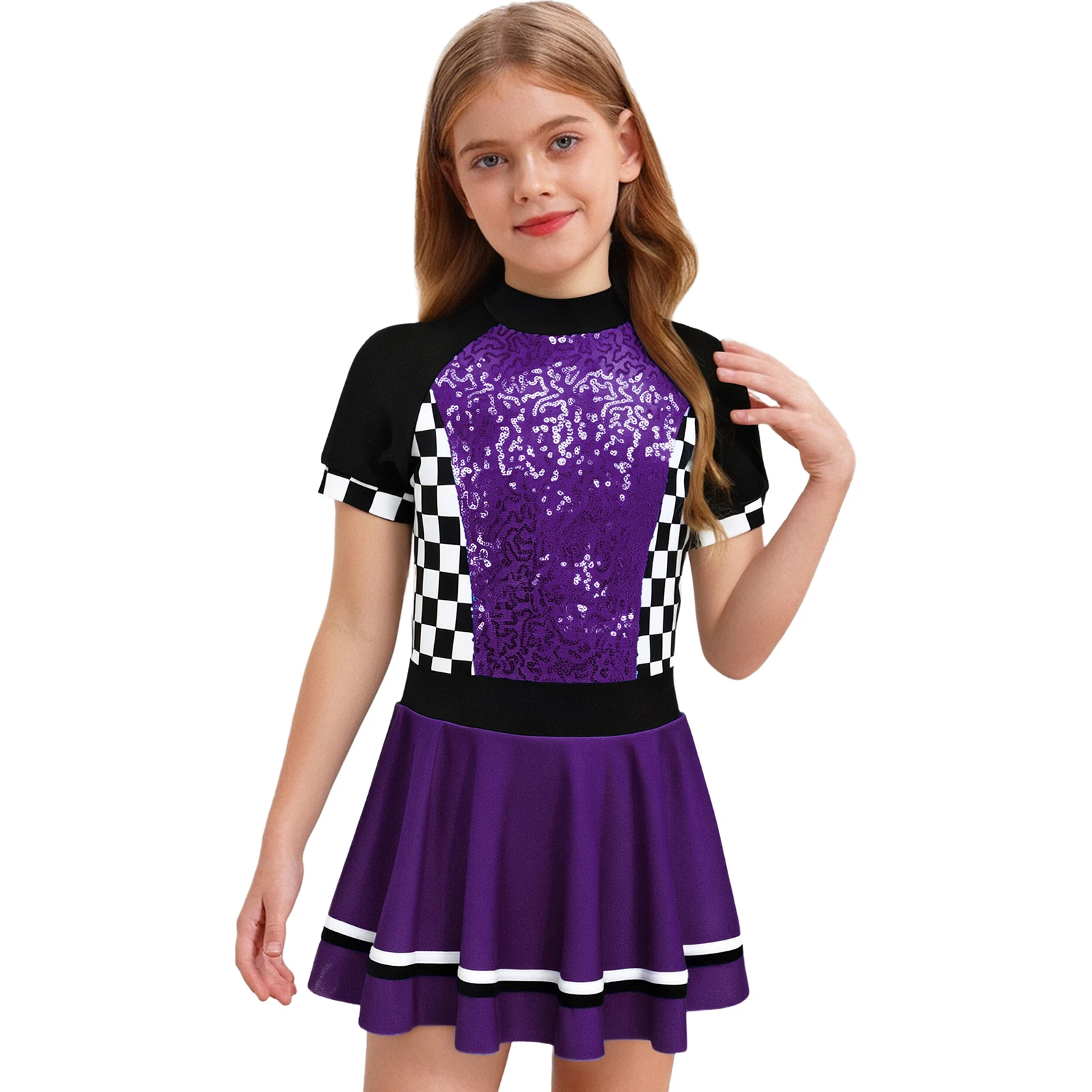 

Kids Girls Racing Driver Costume Mock Neck Short Sleeve Checkerboard Shiny Sequins Dress Built-in Briefs for Halloween Carnival