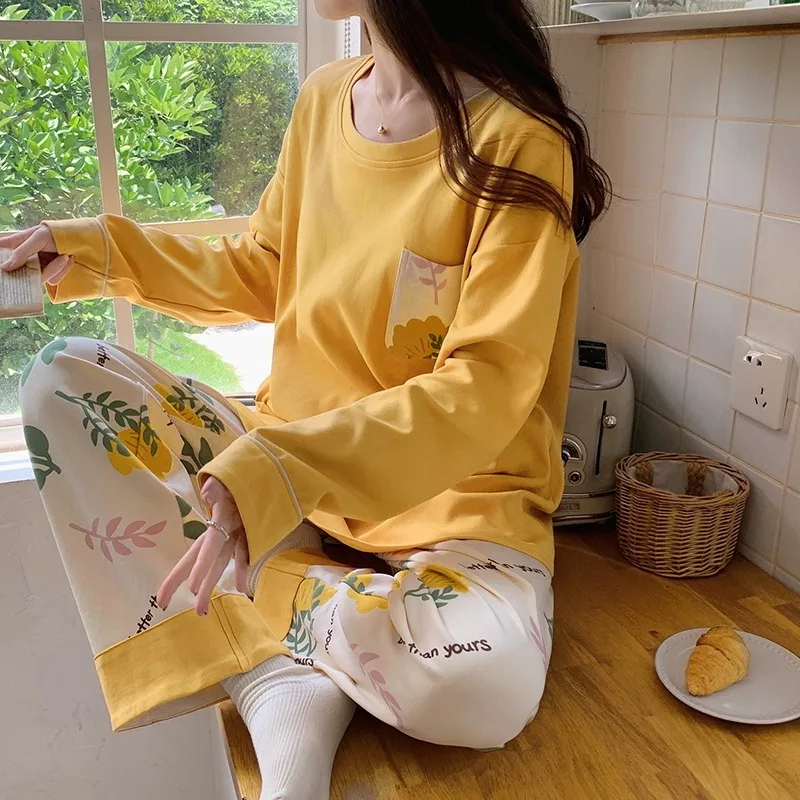 Pajama Sets Women Autumn with Chest Pads Korean Fashion Long Sleeve Printed Harajuku Home Clothing Daily Gentle Simple Outdoor