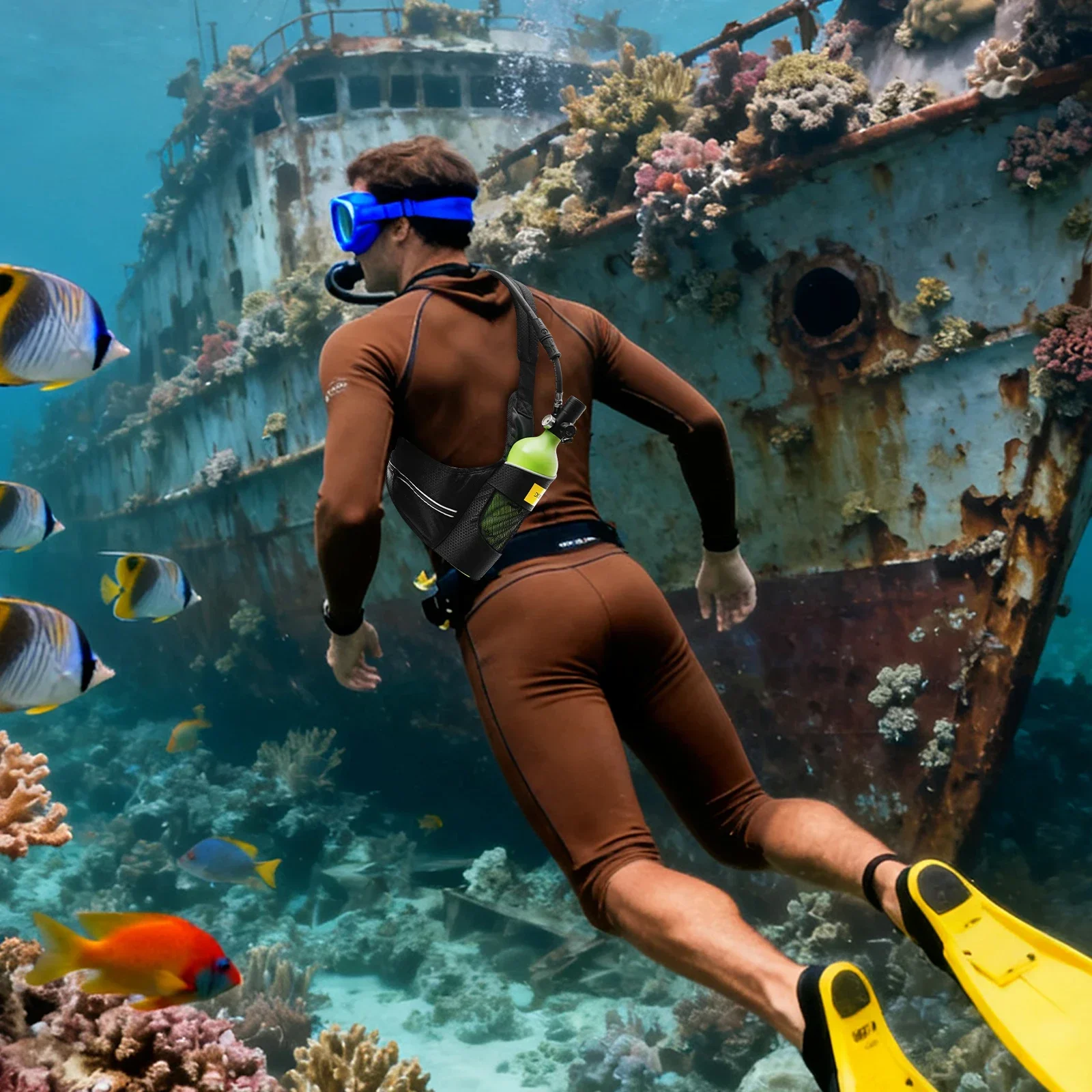 

Зеленый, черный и желтый мини-бак для подводного плавания из алюминиевого сплава 6061, емкость 0,9 карата, 5,51 фунта, время погружения 15-20 минут, ограничение глубины 32,8 фута