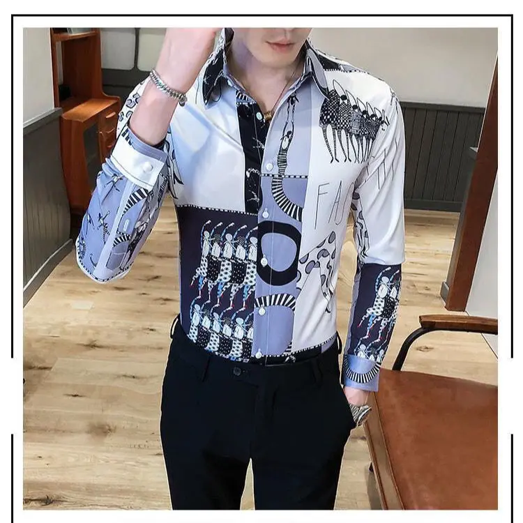 Fashion autumn fashion printing Korean long sleeve men's shirt handsome nightclub personality tight British casual shirt