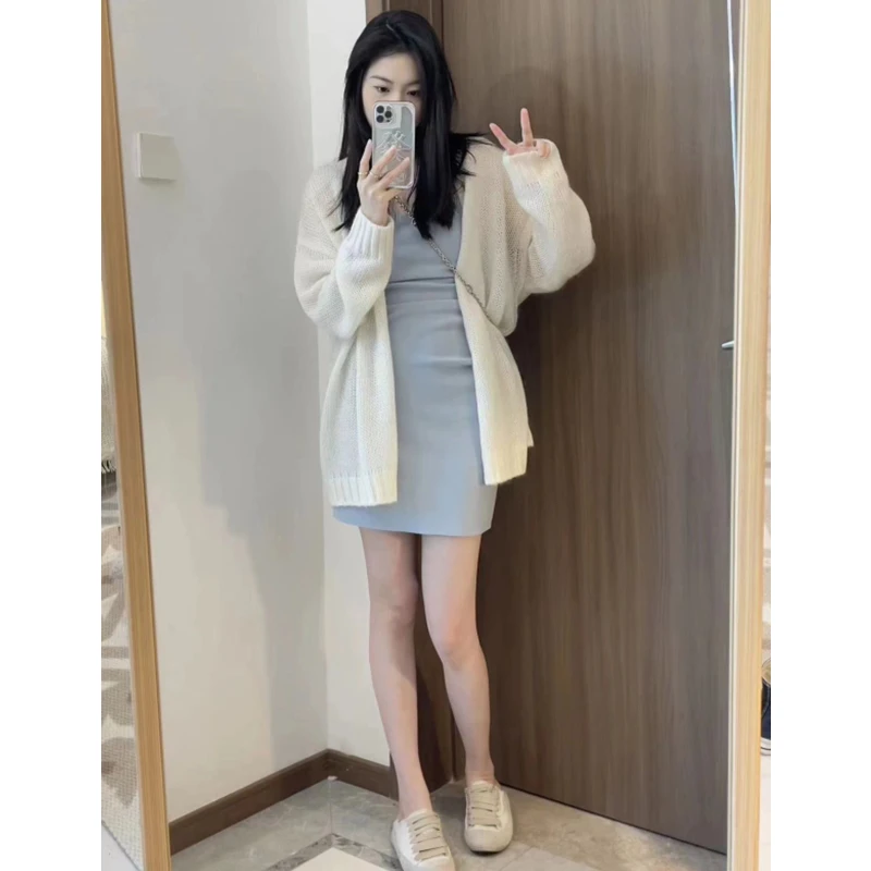 Women Cardigan Sweater Coat Casual Loose Knitted Solid Coat Lantern Sleeve Sweet white Overcoat For Women top 2024 Autumn Winter