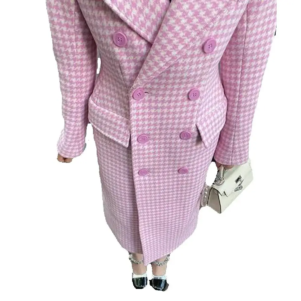 Socialite Style Pink Houndstooth Women Long Jacket Female Daily Coat Formal Ankle Length Dress Saudi Arabian Robe