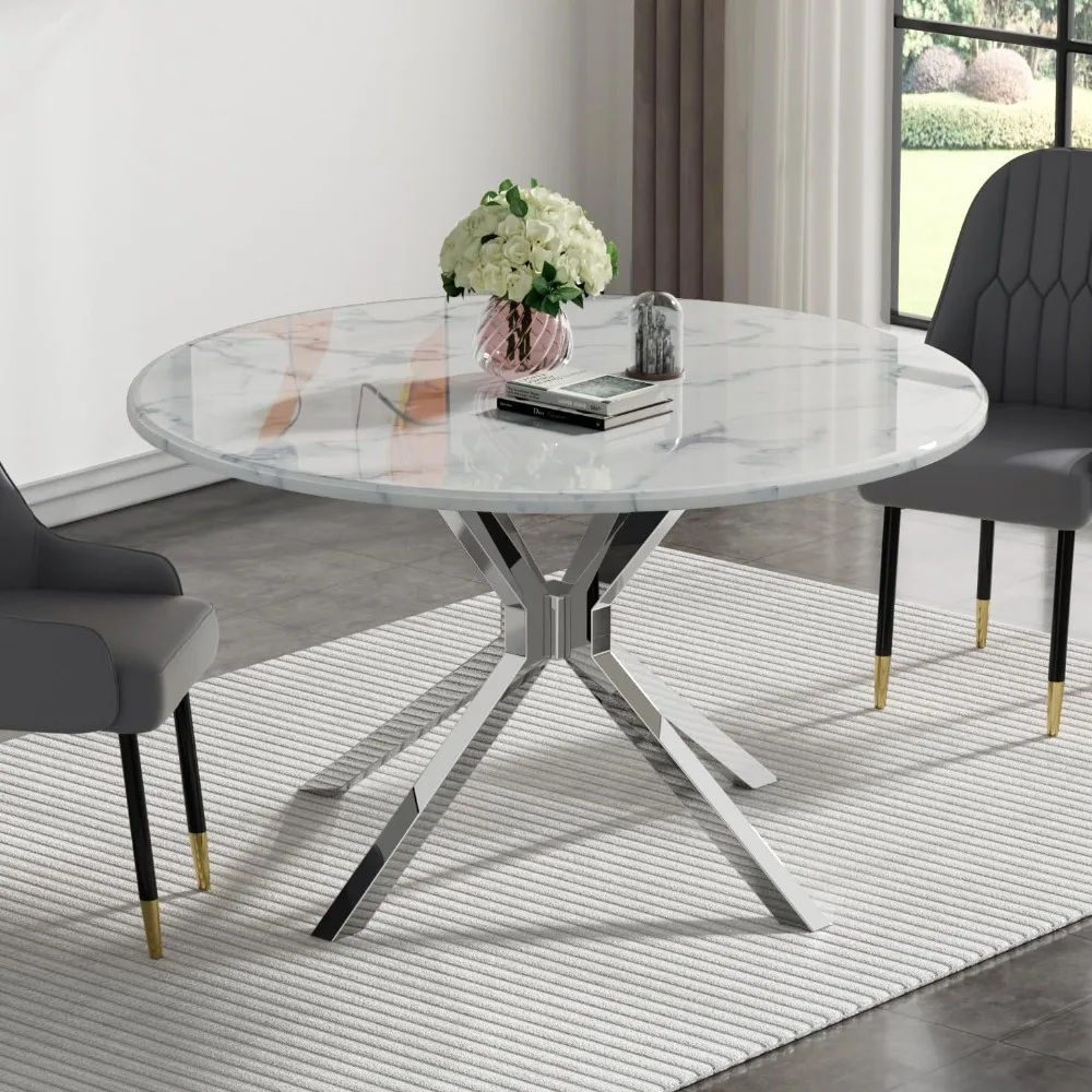 

Современный круглый обеденный стол 47 дюймов, обеденный стол из белого мрамора для 4-6, круглый кухонный стол из искусственного мрамора с серебряным зеркалом St