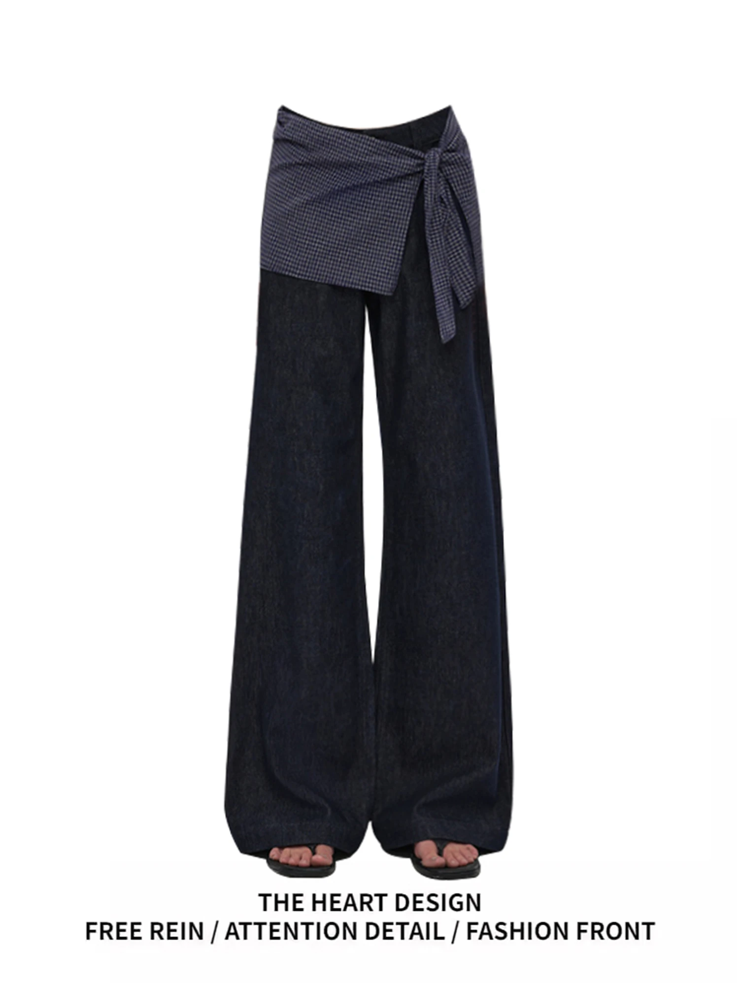 

Y2K Women's Dark Denim Wide Leg Jeans Fashion Plaid Tie - Wrap High Waist Oversized Loose Casual Streetwear Trousers