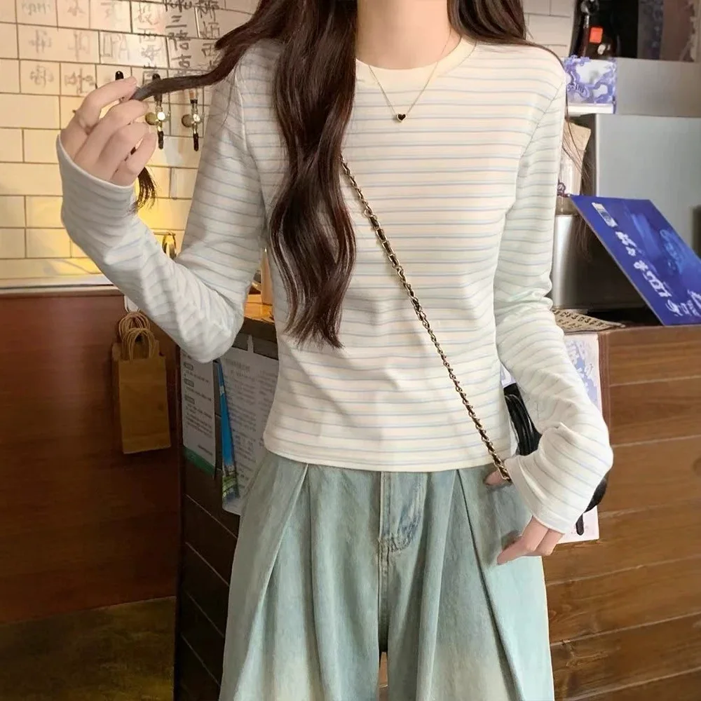 Striped Long Sleeve Winter T-shirts Women Kpop Autumn Slim Tops Sexy Y2K Vintage Tees Shirts Cute Cheap Clothes Woman Tshirts