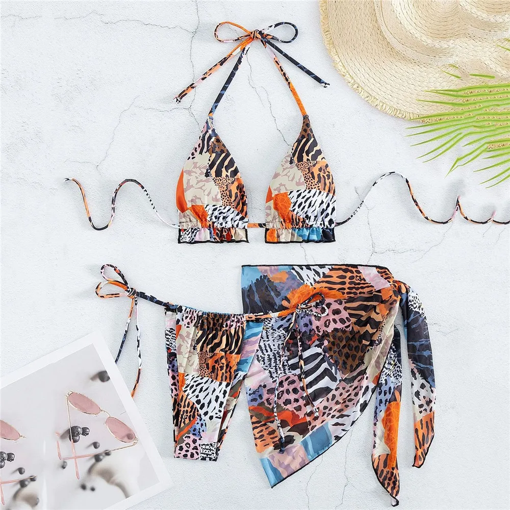 Color Leopard Print String Halter Bikinis Sets 3 Pieces Micro Thong Sexy Swimsuit Women Cover Ups Swimwear 2026 Beachwear Bikini