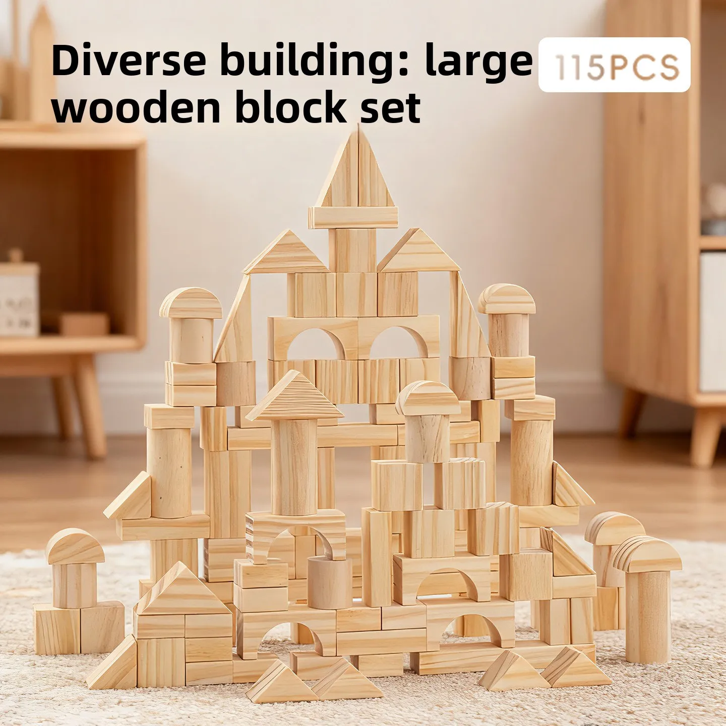 Unlimited Creative Building! Natural Wood Unpainted Large Block Set, 108 Pieces Assorted Shapes, Open-Ended Play Inspires