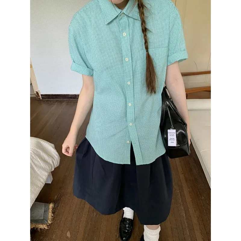 

Женская мятно-зеленая рубашка в клетку с коротким рукавом, повседневная свободная блузка на пуговицах с карманом для ежедневной носки