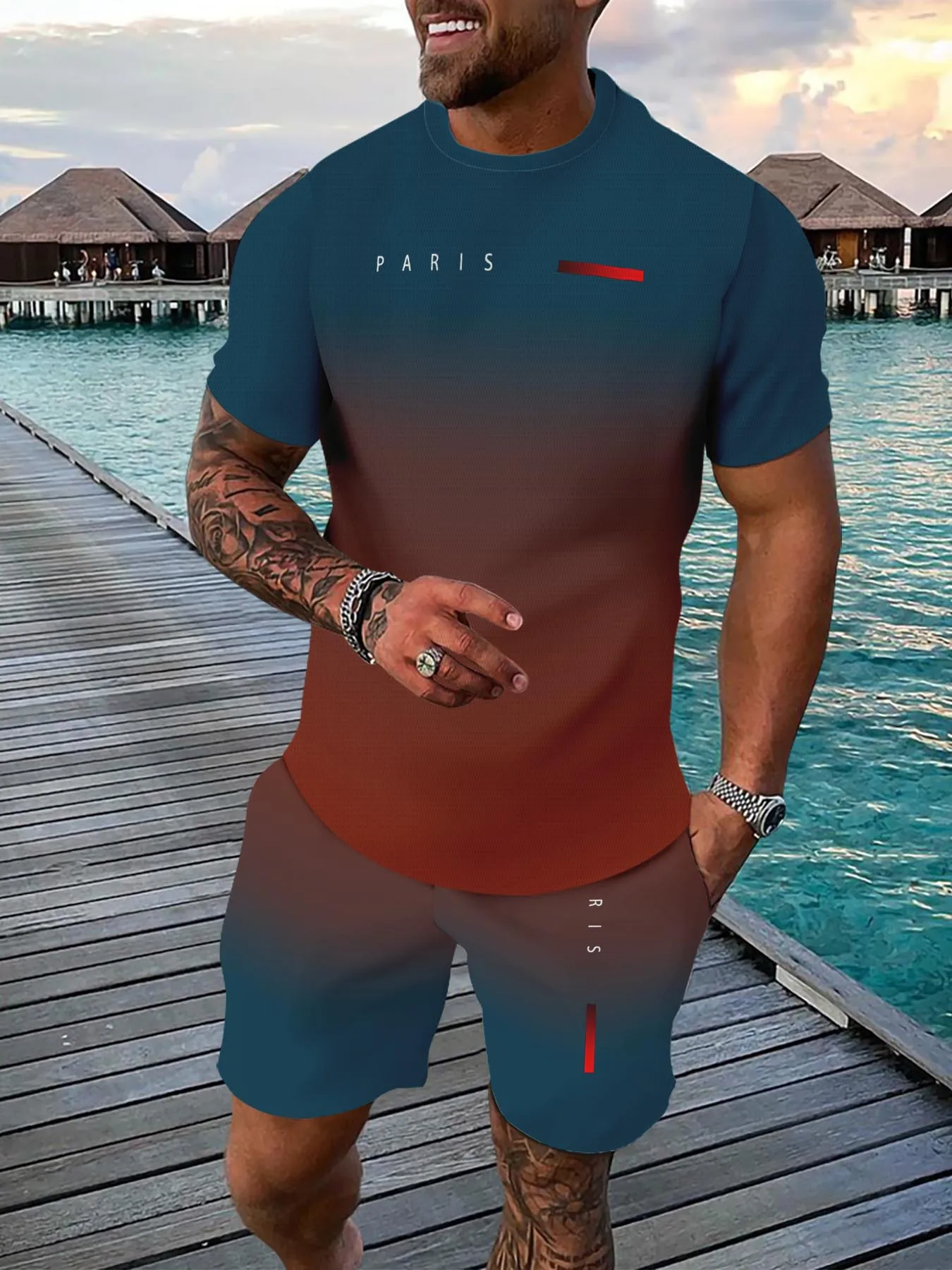 

Men's Casual Sportswear Set Summer Breathable 3D Printed T-shirt and Shorts with Round Neck Regular Style for Adults