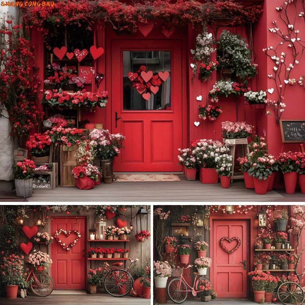 Valentine's Day Red Wooded Door Backdrop Pink Rose Love Heart Wedding Party Bridal Shower Backdrops for Photography Photocall