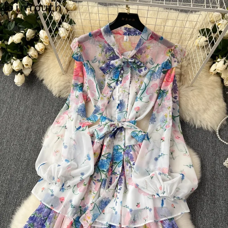 Robe en mousseline de soie imprimée vintage pour femmes, robes Maxi, taille fine, manches lanterne, robe florale d'été, 2024