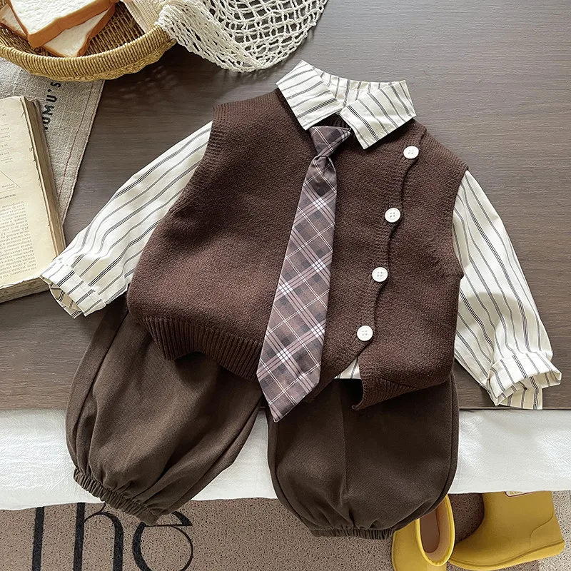 Spring and Autumn Children's Clothing Set Fashionable New Boys' Knitted Vest+Shirt+Pants 3-Piece Set 80-120cm