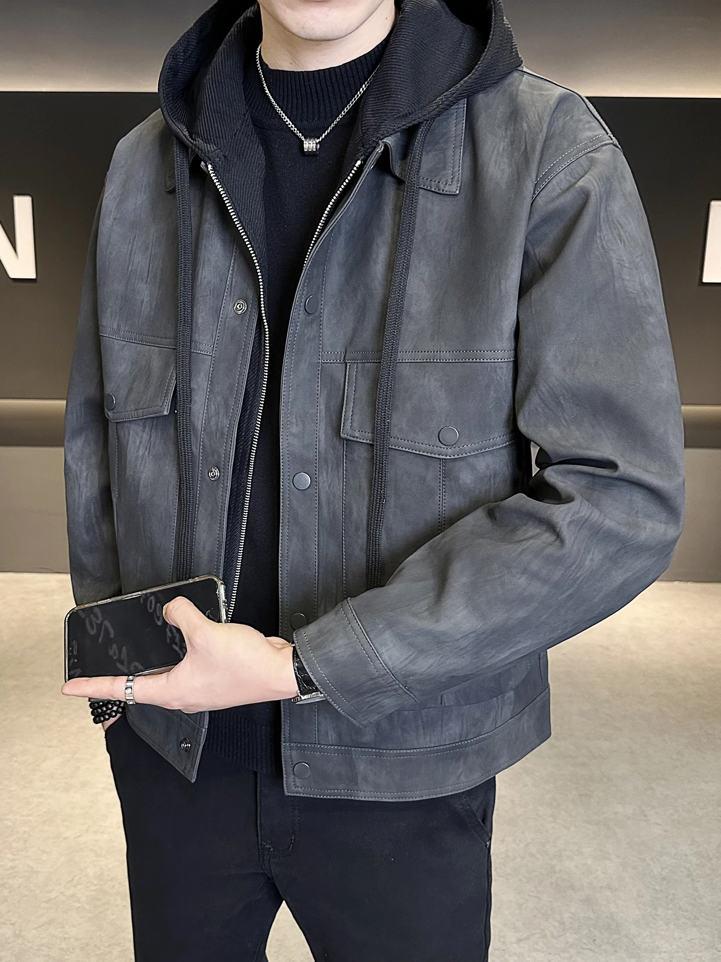 

Осеннее кожаное мужское модное брендовое пальто Jaet, новинка 2025, повседневное кожаное пальто со съемной кепкой, пальто Haome для мальчиков, длинное пальто из искусственной кожи