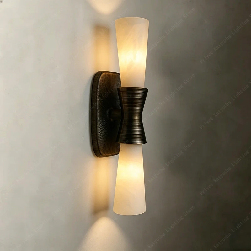 Retro Antique Brass Marble Wall Sconce Lamps, Luxury Natural Alabaster Wall Mounted Lighting for Hallway Bedside
