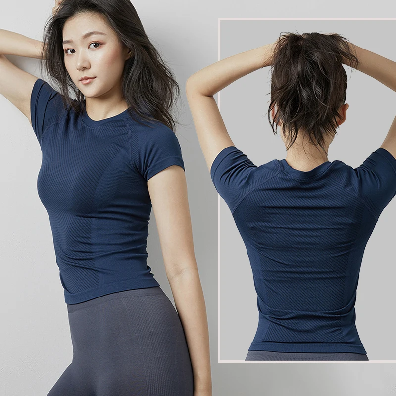 Women's Summer Short Sleeve Yoga T Shirt Round Neck Slim Quick Dry Breathable Workout Top for Running Gym Fitness Training