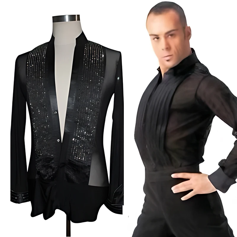 

Latin Dance Shirt Men Long Sleeve Latin Competition Tops Black V-Neck Pleated Shirt Male Ballroom Cha Cha Dancing Clothes 2377