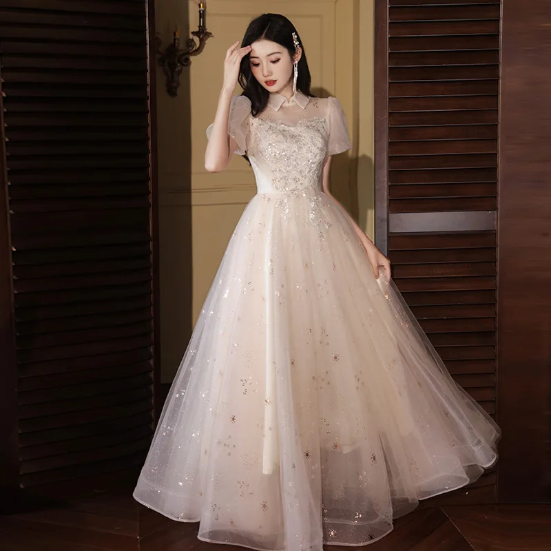 champagne-colored-evening-dress-women's-appliques-shiny-party-gowns-2025-new-light-luxury-short-sleeved-prom-dresses