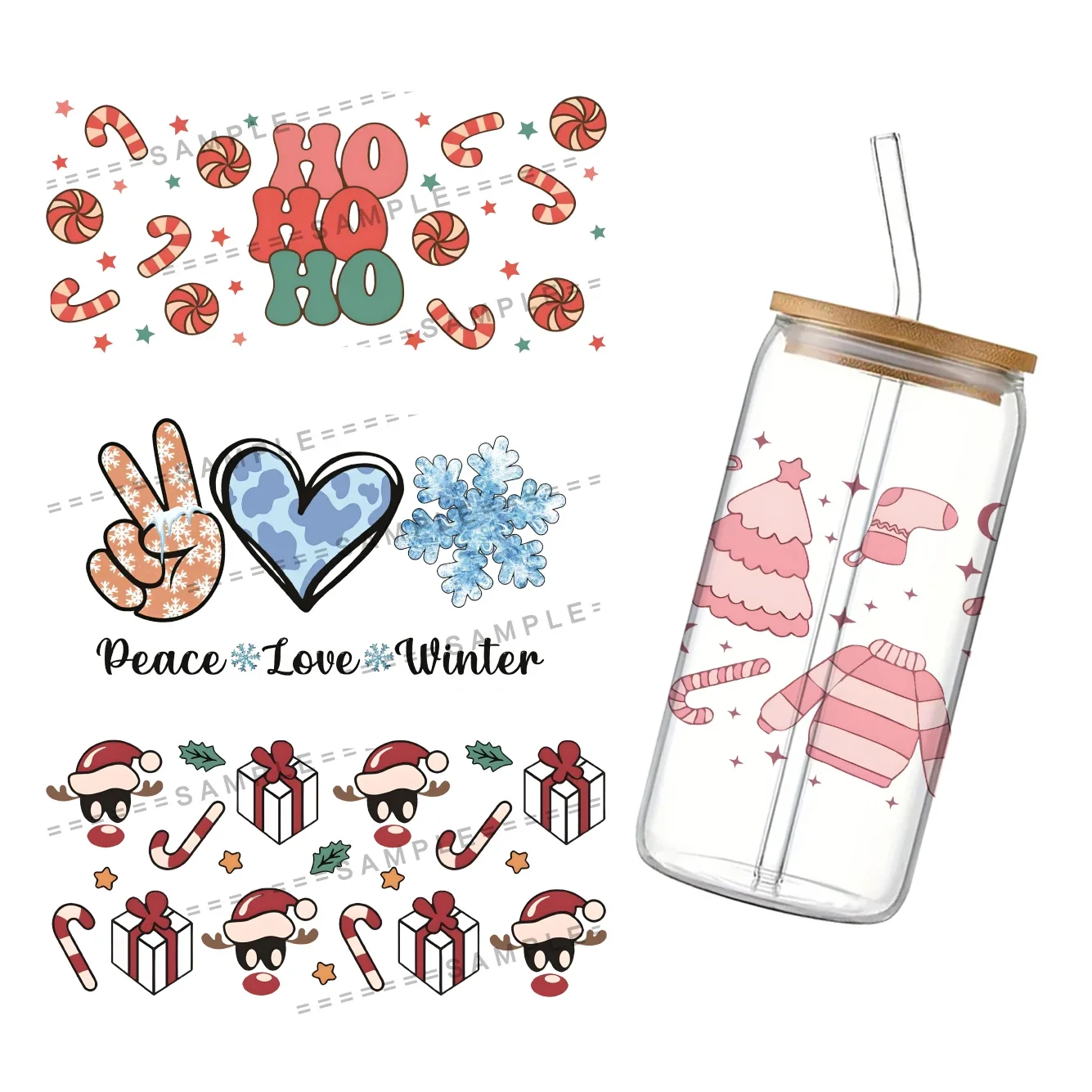 Świąteczne okleiny na kubki Libbey 16oz, UV DTF, okleina na kubek do kawy, okleina na szkło Libbey, Wesołych Świąt