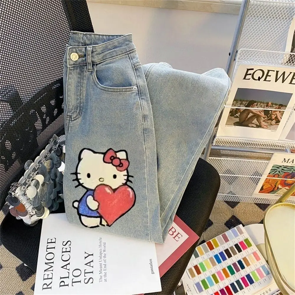 جينز هالو كيتي نسائي عالي الخصر باللون الأزرق الفاتح، دينم مغسول عتيق مع طباعة قلب قطة لطيفة، كاجوال فضفاض #5
