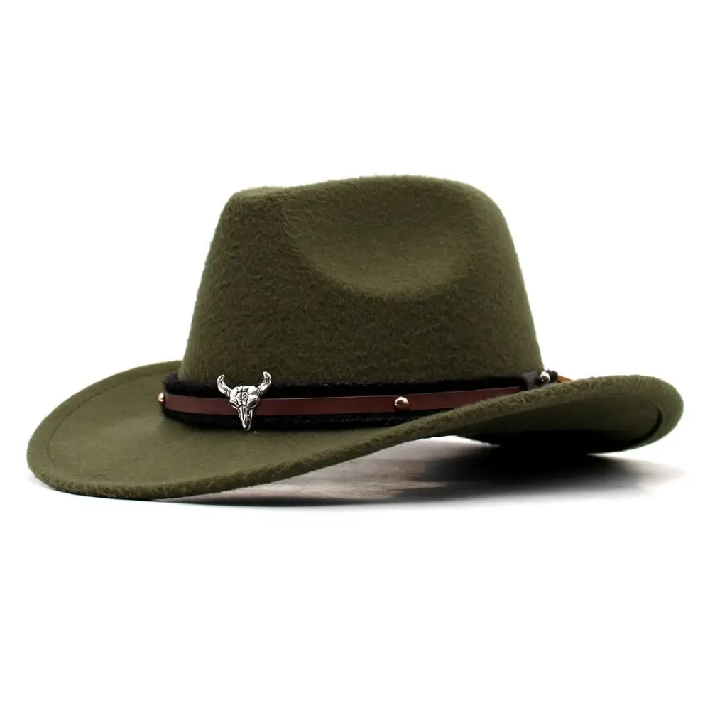 Western Cowboy Hat Roll Brim Ox Head Belt Felt Tibetan Style Top Hat Ethnic Style with Cow Band Cowgirl Cap Women