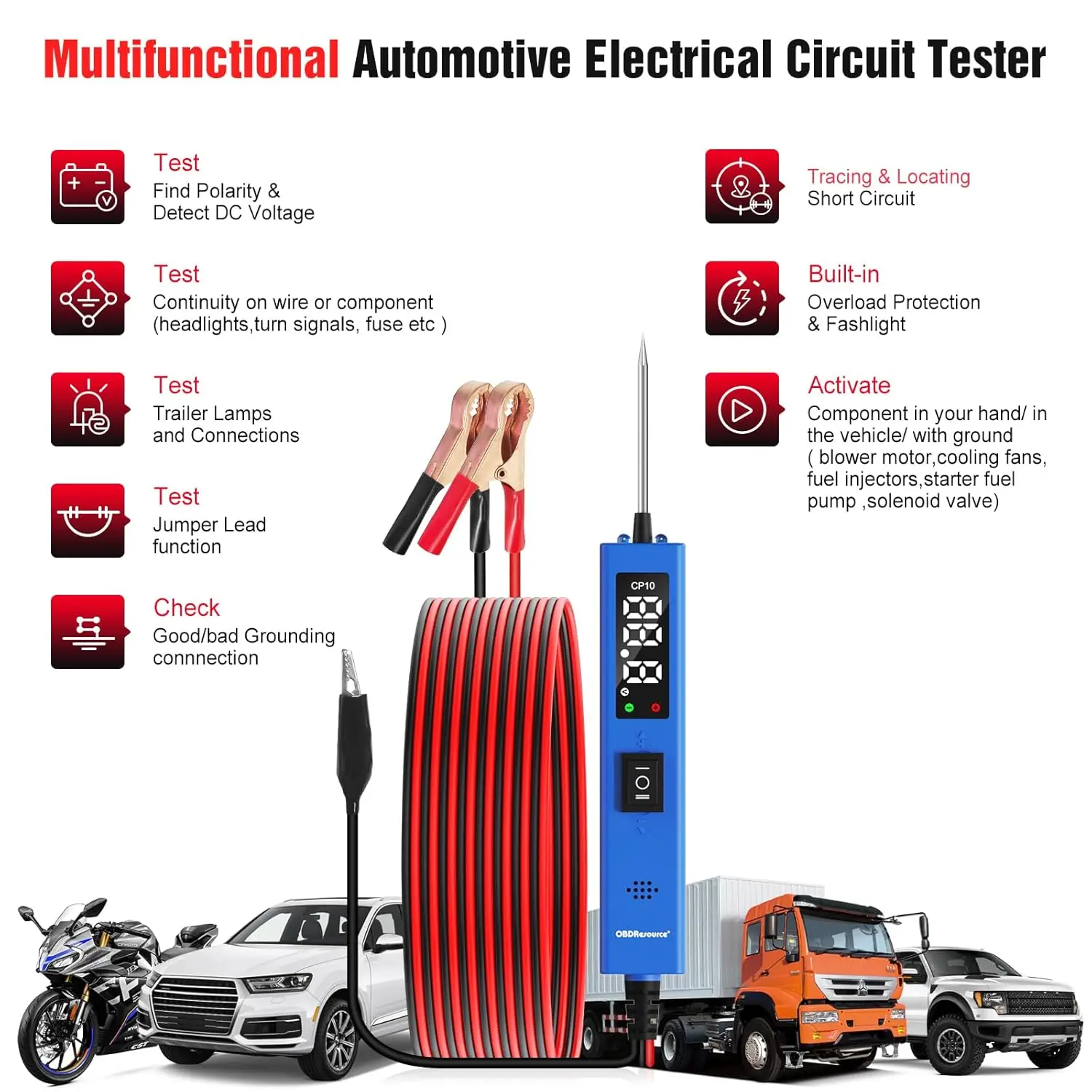 OBDResource Automotive Power Circuit Probe Tester CP10 0-80V DC LED Car Circuit Light Fuse Test Jumper Function Diagnostic Tool