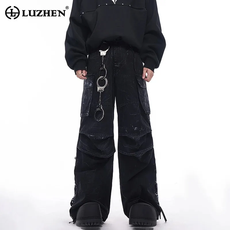 LUZHEN Denim Pants Hand-painted Pleated Pocket Cargo Trousers Original Fashion Split Design High Quality Street Jeans Men LZ8082