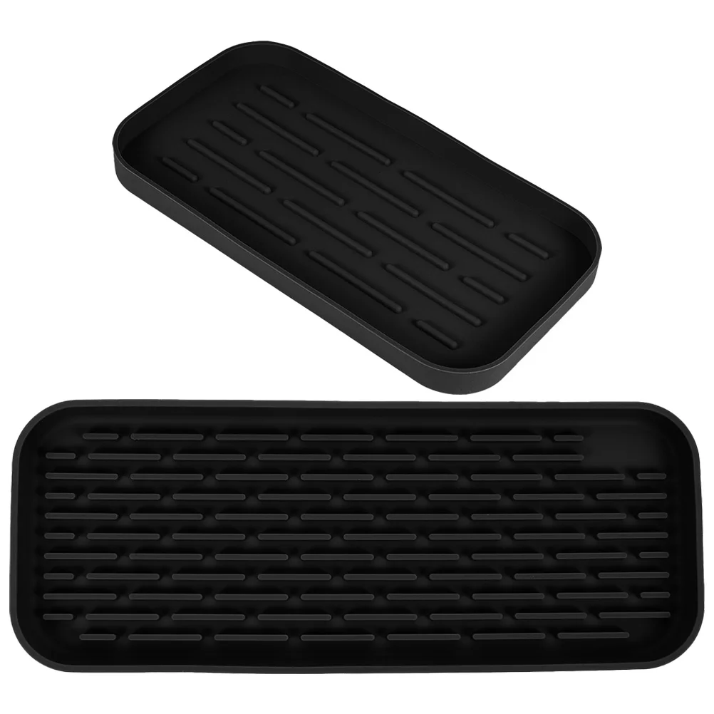 

2Pcs Black Silicone Storage Tray Bathroom Kitchen Sponge Holder Soap Dish Vanity Organizer Countertop Drying Mat Household