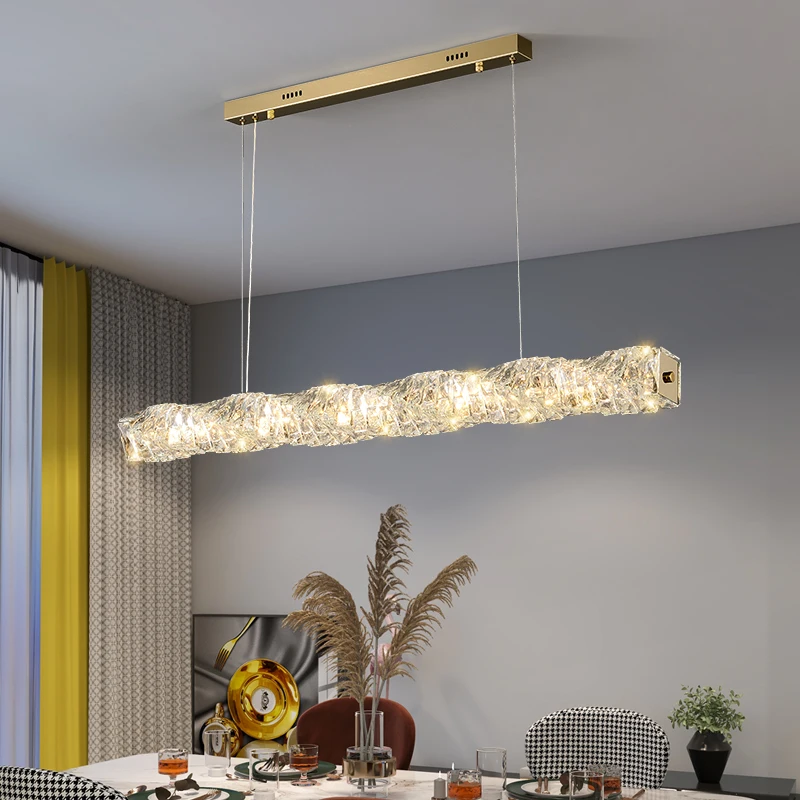 Modern Luxury Crystal Hang Lamp Gold Chrome Metal Dar Dining Room Long Strip Pendant Light for Kitchen