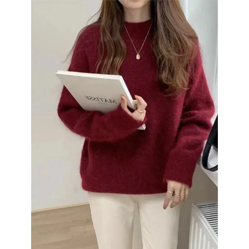 Gentle Style Autumn/Winter Grey Long Sleeve Knitted Top Pullover Loose-Fit Angora Sweater Women's Outer Wear Soft and Supple