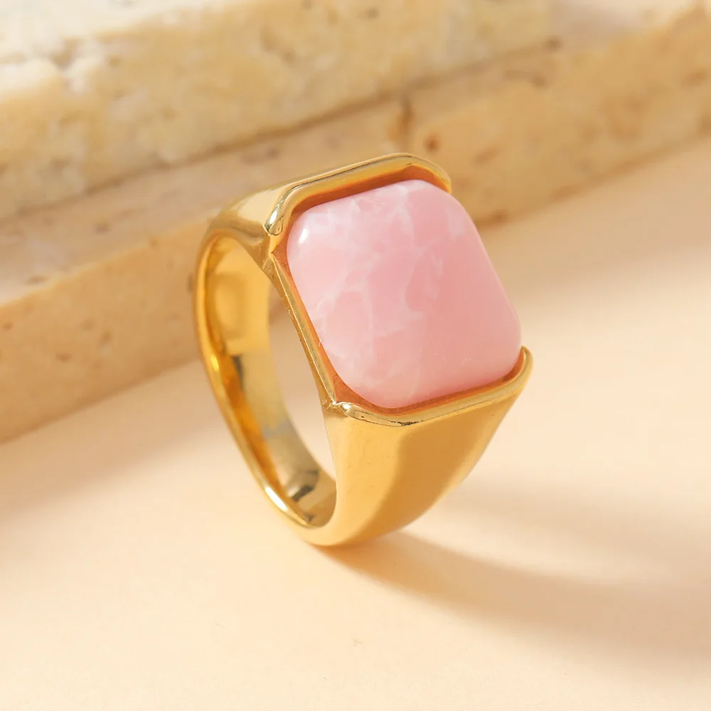 Anillo de acero de titanio para mujer, joyería de moda, ajuste geométrico, rosa, cuadrado, turquesa, cristal austriaco, nuevo