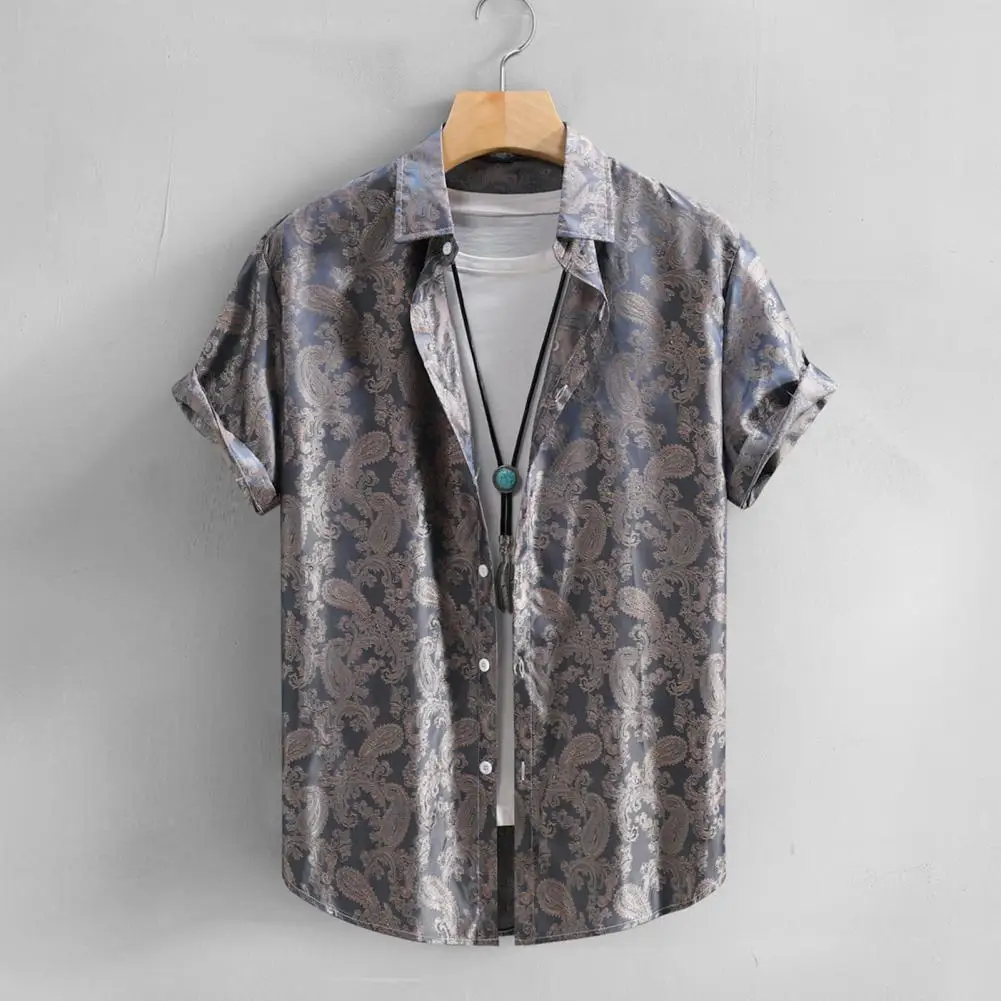 Men Printed Shirt Stylish Men's Printed Shirt with Turn-down Collar Short Sleeves Loose Fit Mid Length Cardigan for Wear for Men