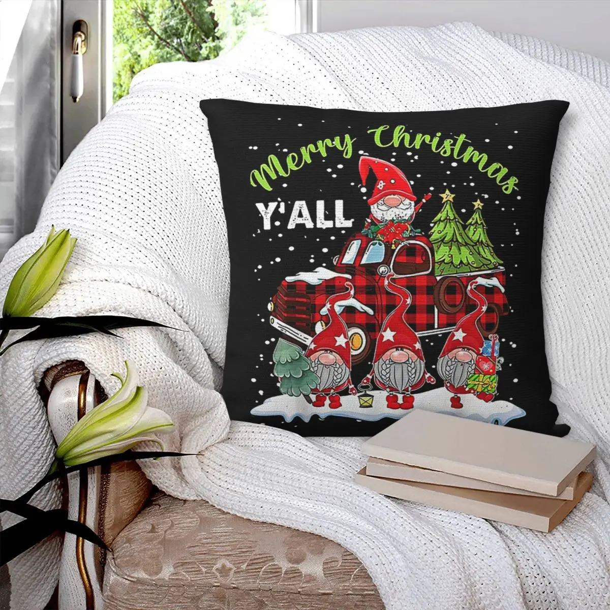 Christmas Santa Gnome Red Truck Square Pillowcase Pillow Cover Cushion Zip Decorative Comfort Throw Pillow For Home Bedroom