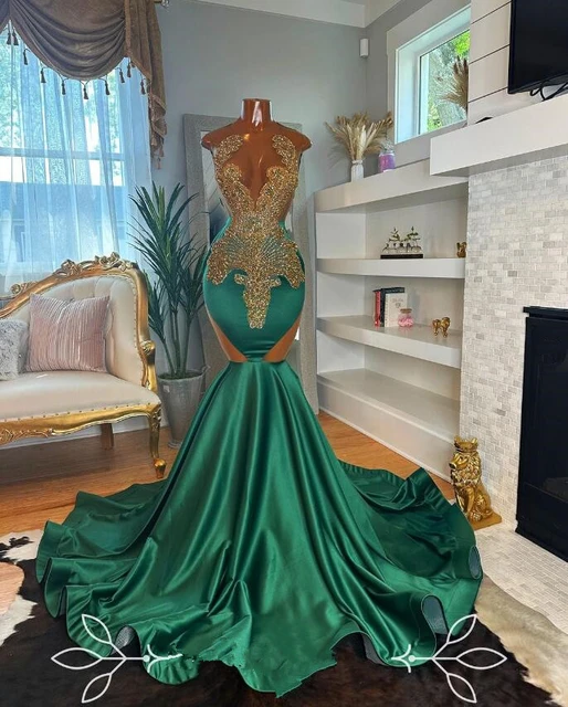 Satin Emerald Green Gold Long Evening Formal Dress for Women Sparkly  Crystal Beaded Black Girl Prom Gala Gown - AliExpress