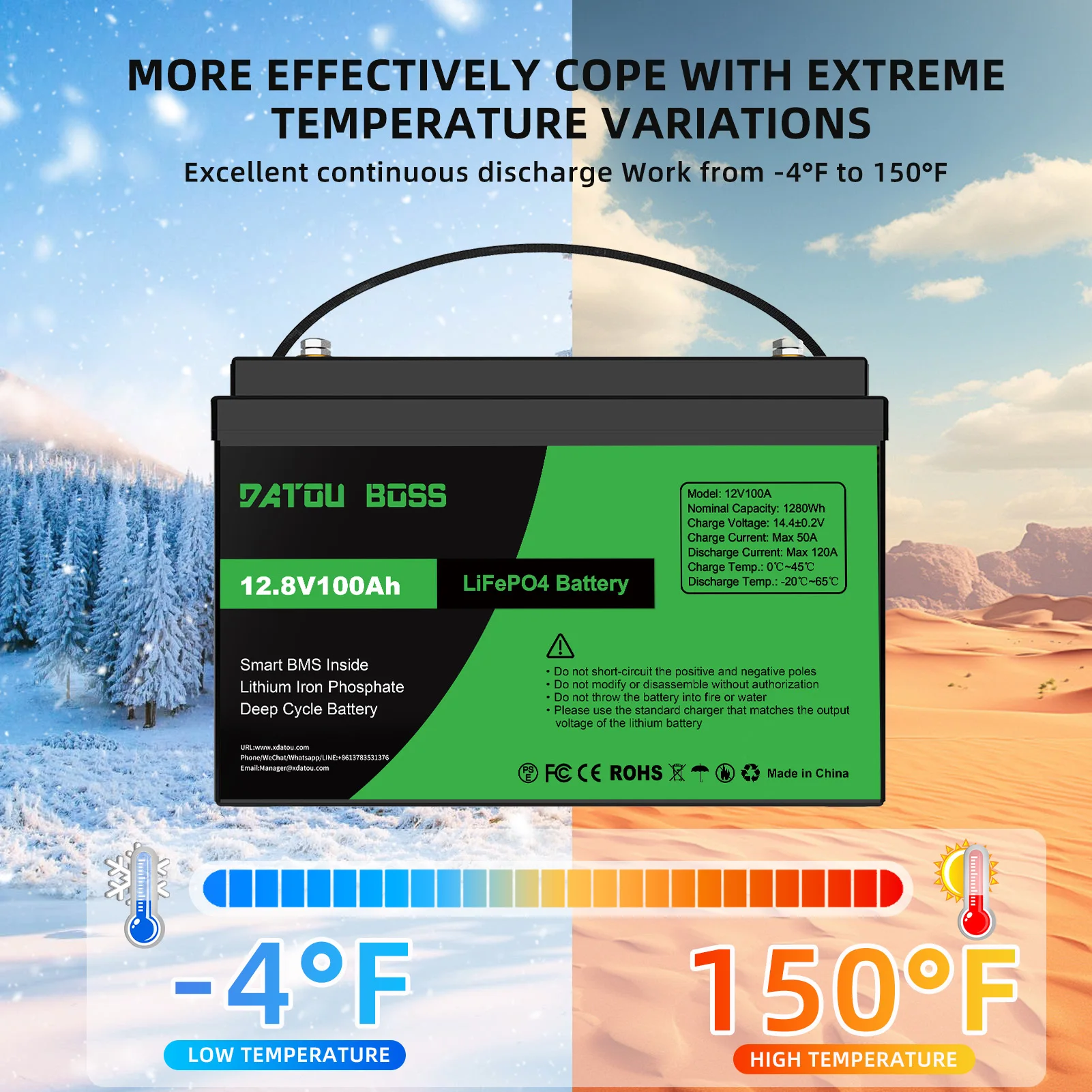 بطارية DATOUBOSS LiFePO4 12 فولت مع BMS 8000Cycles، 100A 200A 300A، للعاكس، المنزل المتنقل، النظام الشمسي، القارب، المنزلية، الشمسية