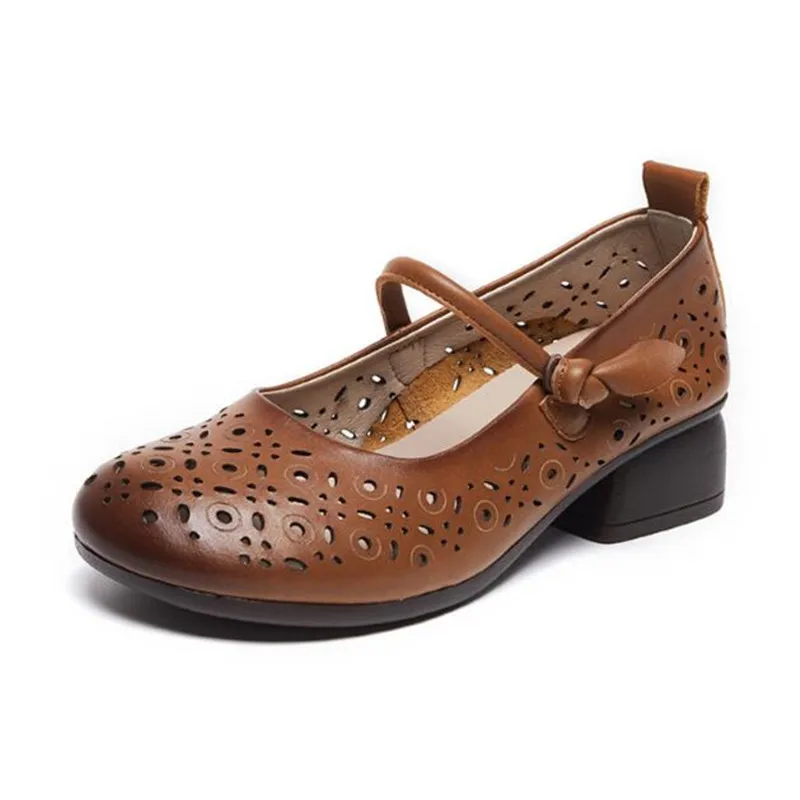 Genuine Leather Hollow Women High Heel Shoes Summer Vintage Women Pumps Comfortable Ladies Round Toe Casual Mid Heel Shoe Female