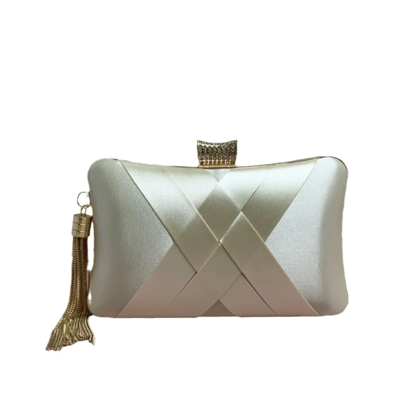 

Silky Like Fabric Woven Evening Handbag Women's Classic Silver Knucklebox Tassels Wedding Party Bride Mother's Clutch Purse