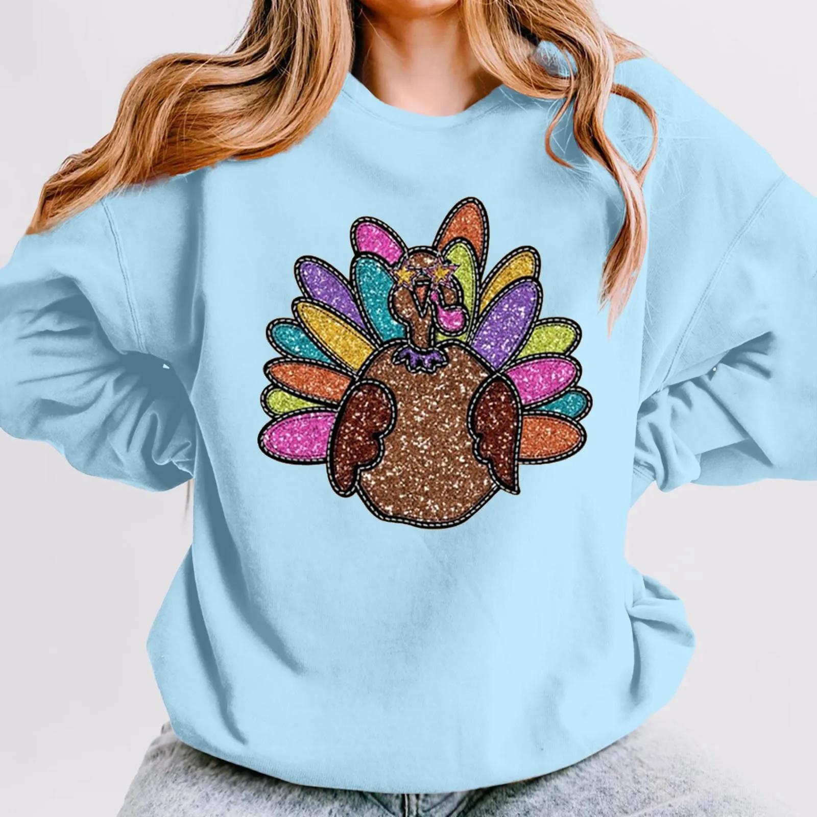 Thanksgiving Day Funny Turkey Sunglasses Printed Sweatshirt Ladies Shiny Loose Fit Casual Hoodies Fashion Crew Neck Pullover