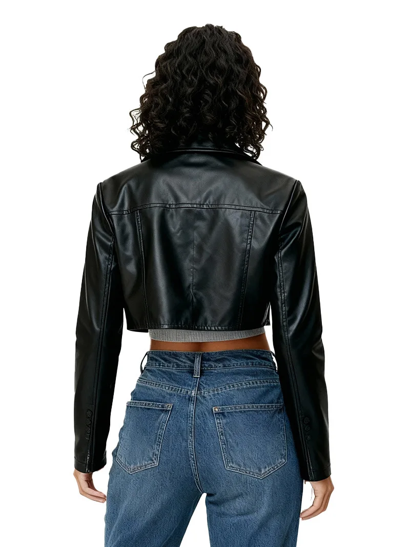 Veste courte noire en cuir contrasté pour moto, veste en cuir patchwork avec fermeture éclair pour femme, veste d'hiver tendance pour femme