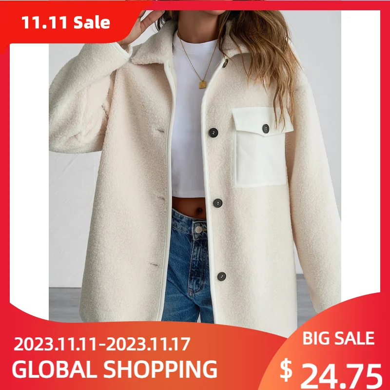 

Wool Coats for Women Fashion Contrast Lamb Elegant Lapel Button Pockets Short Jacket New Lady Warm Casual Commuter Outerwear