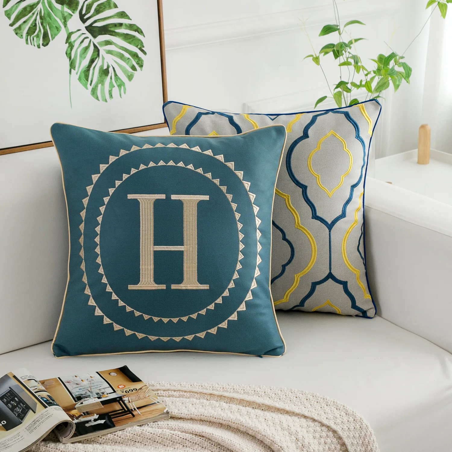Light Luxury Blending Headrest Pillow, Hotel Model Room, Sofa Embroidery Cushion, Fashion Home Decoration Accessories, 45x45cm
